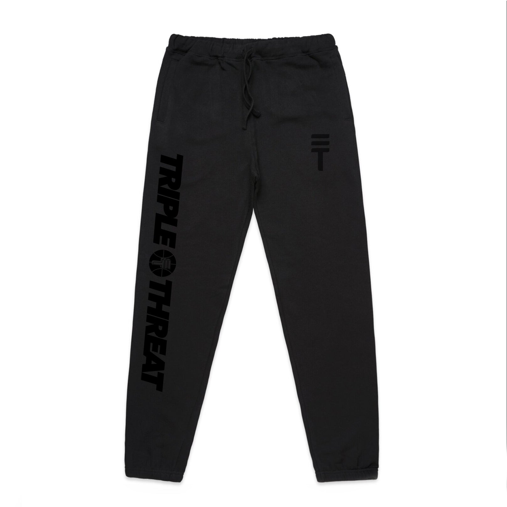 Black Triple Threat track pants with black puff print text and logo of Triple Threat with elastic waist and cuffs
