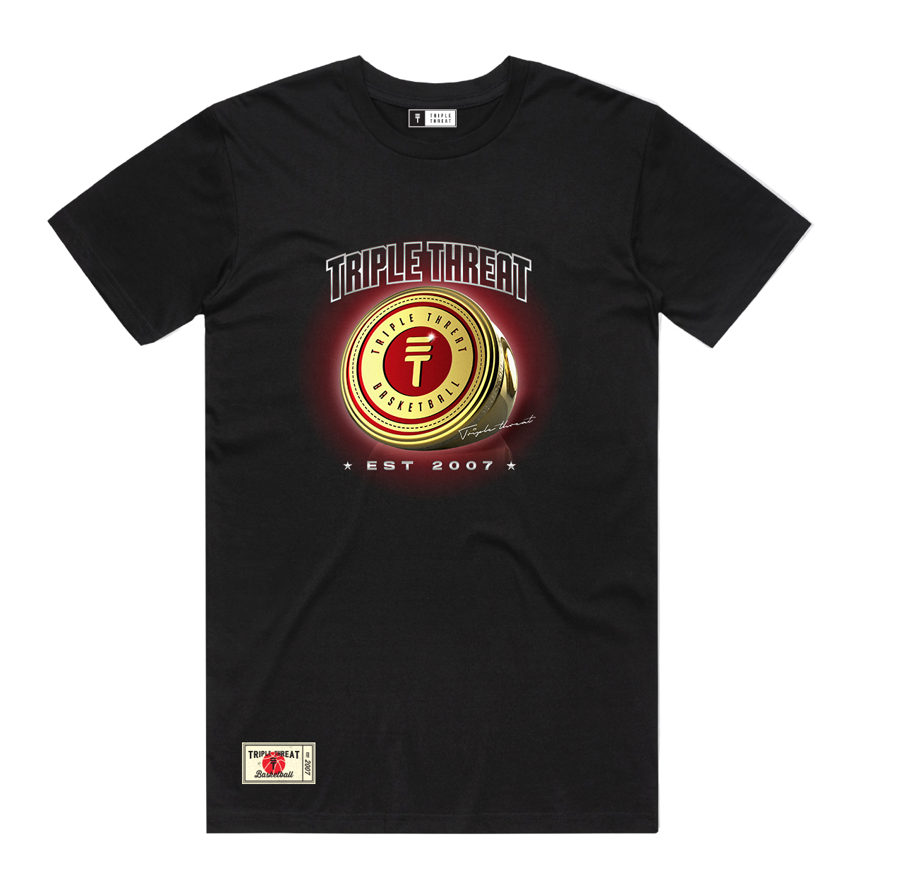 Black T-shirt with 'Triple Threat Est 2007' text with a design of a golden ring with the 'Triple Threat Basketball' engraved with the Triple Threat logo