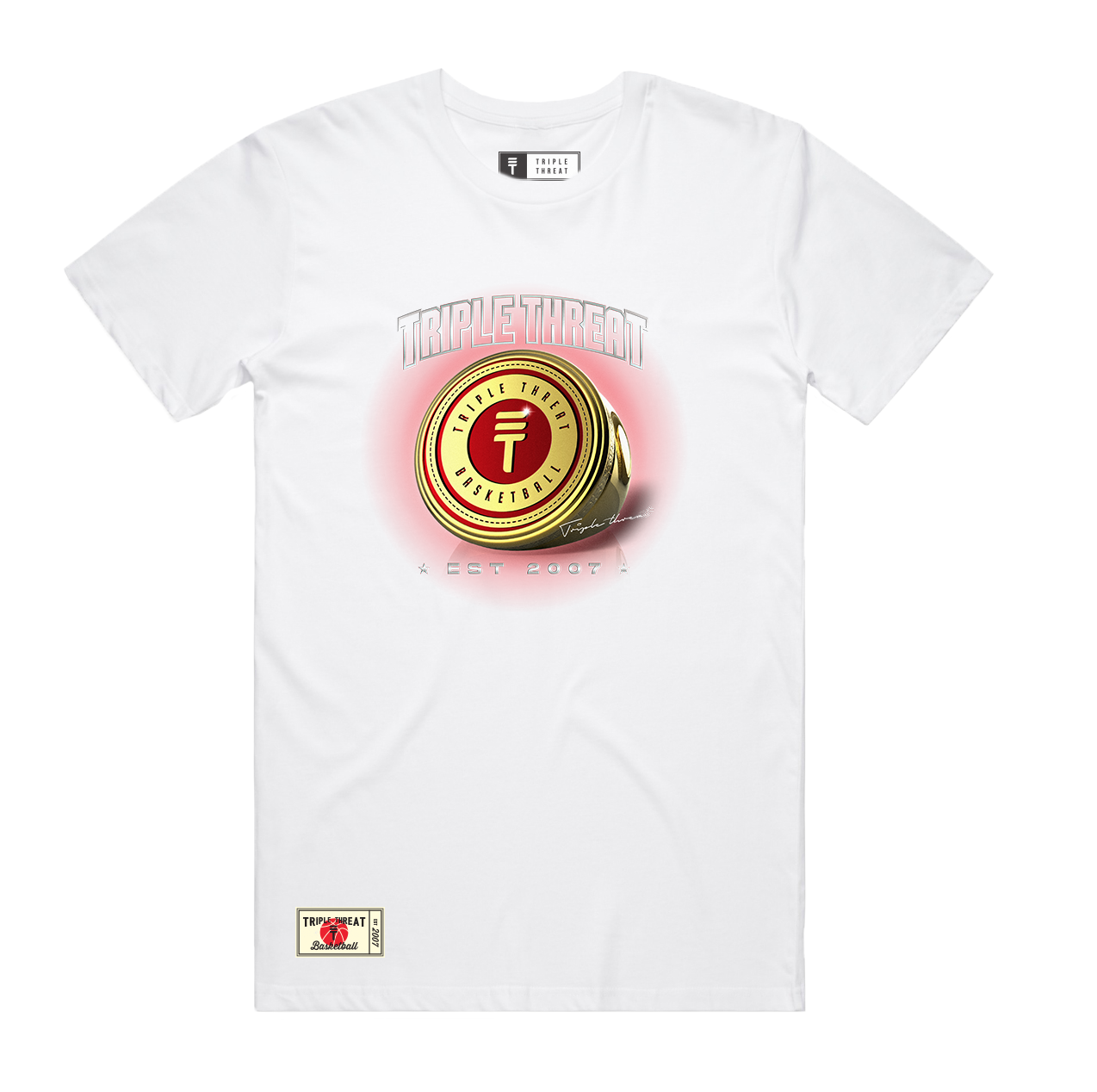 White T-shirt with 'Triple Threat' text and a large design of a golden ring with the Triple Threat logo and name on it