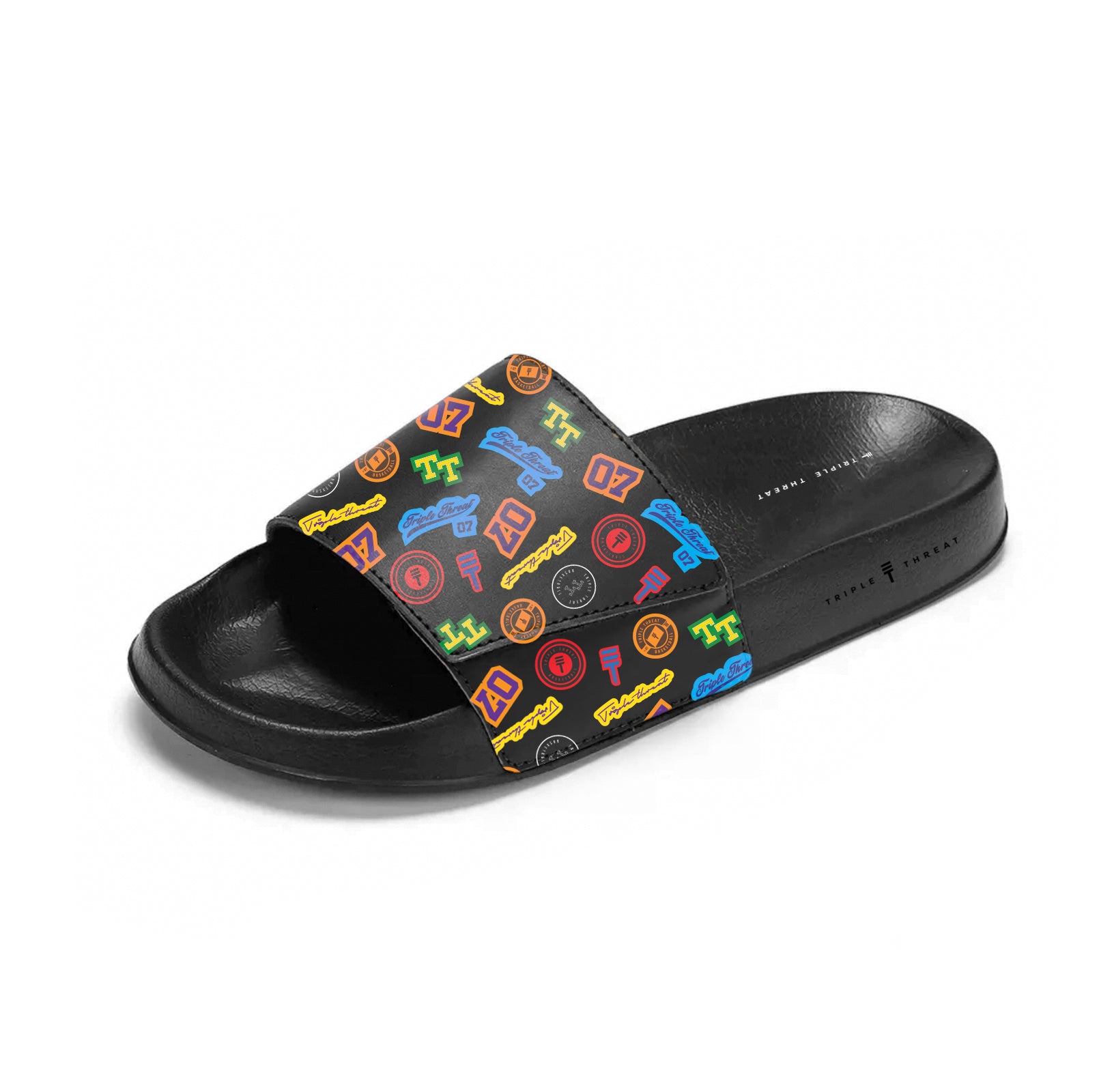 Black slide-in shoe with colourful Triple Threat logos and 'Triple Threat' text on the side and top