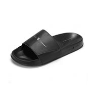 Black slides with 'Triple Threat' text in white on strap and heel and black on side