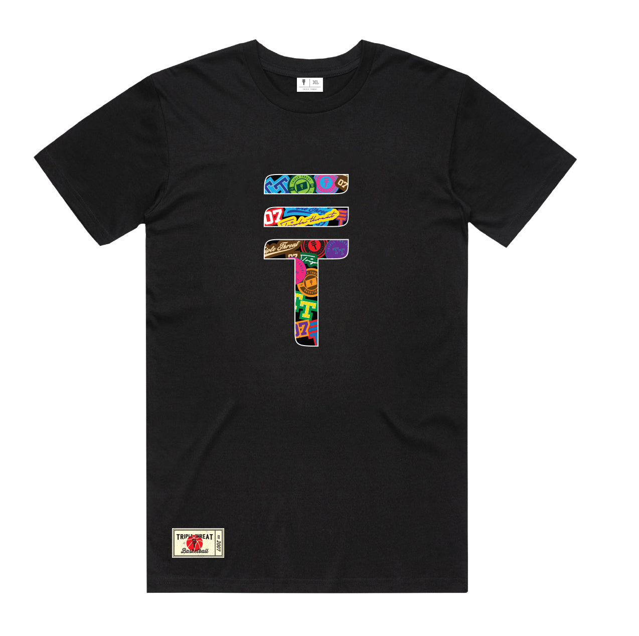 Black T-shirt with a central design of the Triple Threat logo with design of Triple Threat stickers inside and a triple threat brand patch on the bottom left