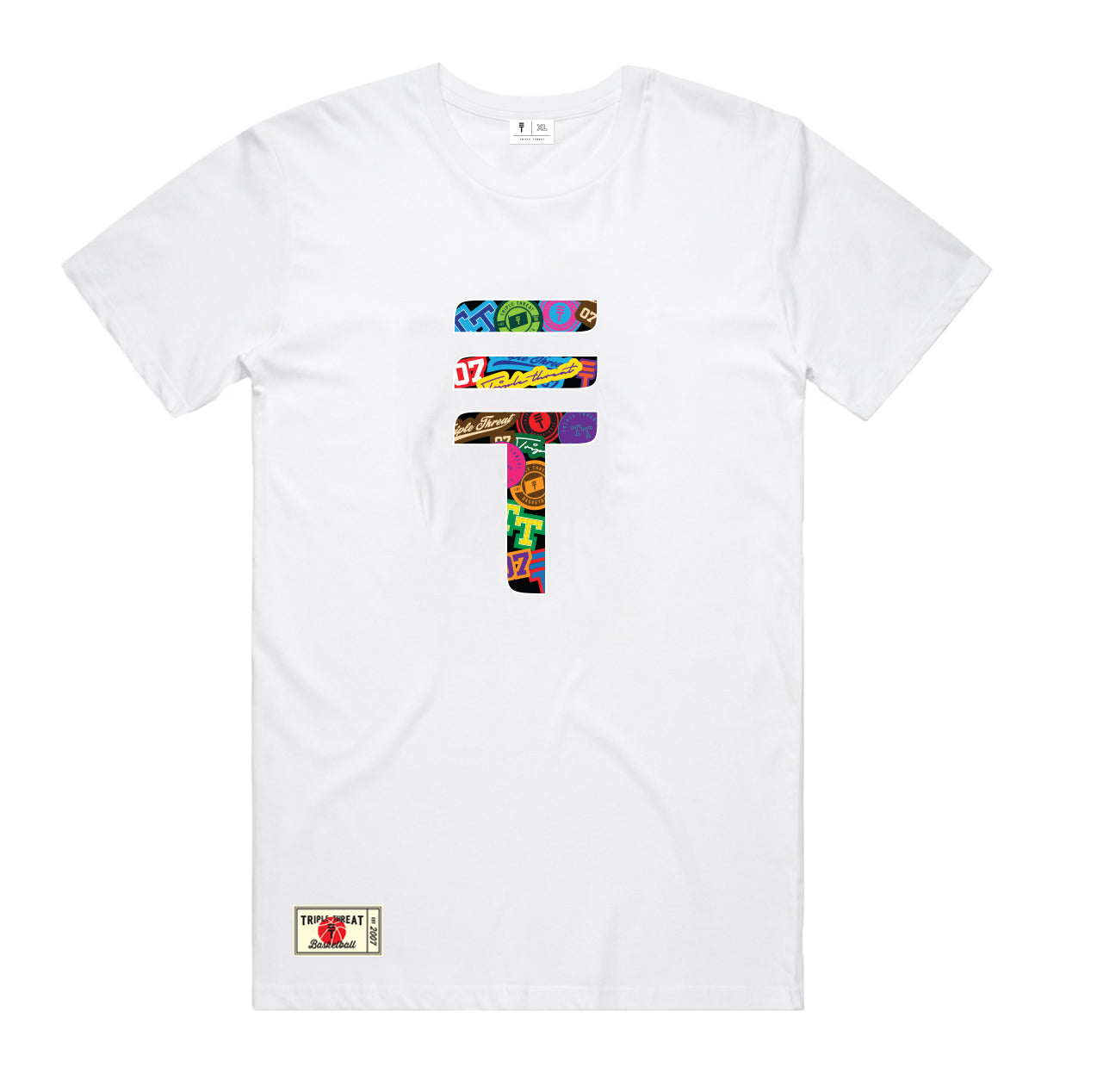 White basketball singlet with Triple Threat Logo of coloured stickers in the center