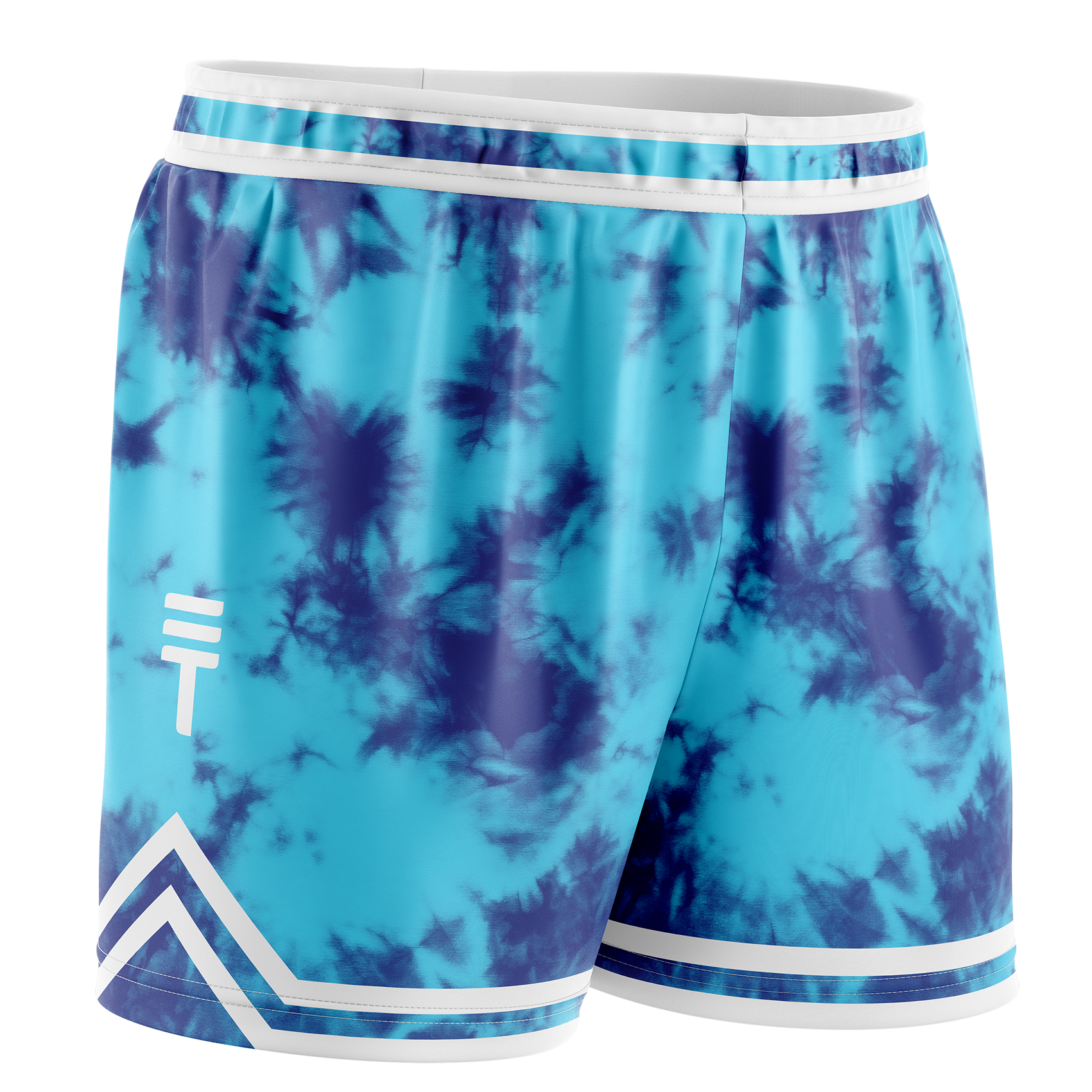 Blue and navy tie-dye basketball shorts with white trim, elastic waistband, and the Triple Threat logo near the hem