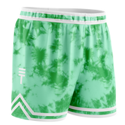 Mint and green tie-dye basketball shorts with an elastic waistband, white trim, and the Triple Threat logo