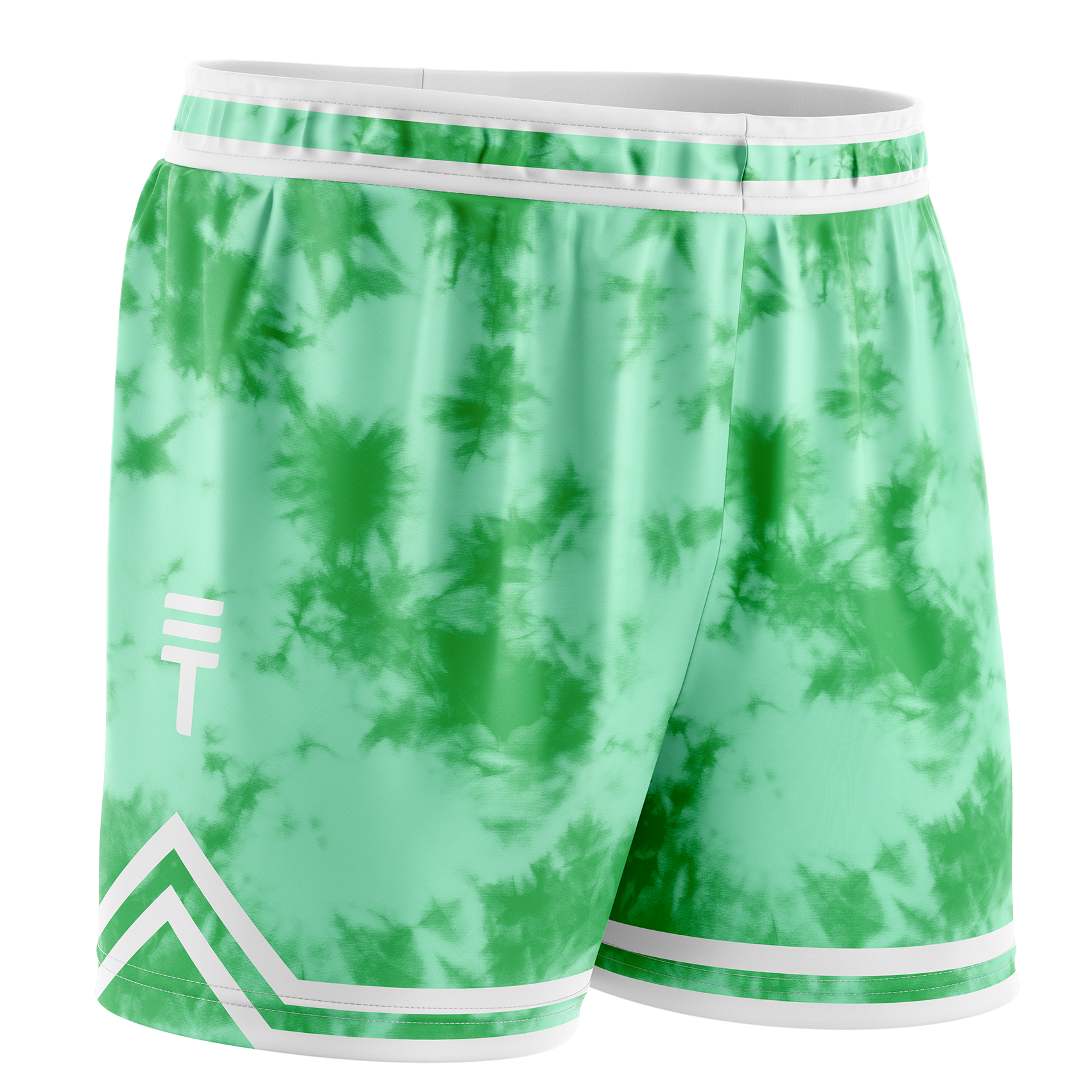 Mint and green tie-dye basketball shorts with an elastic waistband, white trim, and the Triple Threat logo