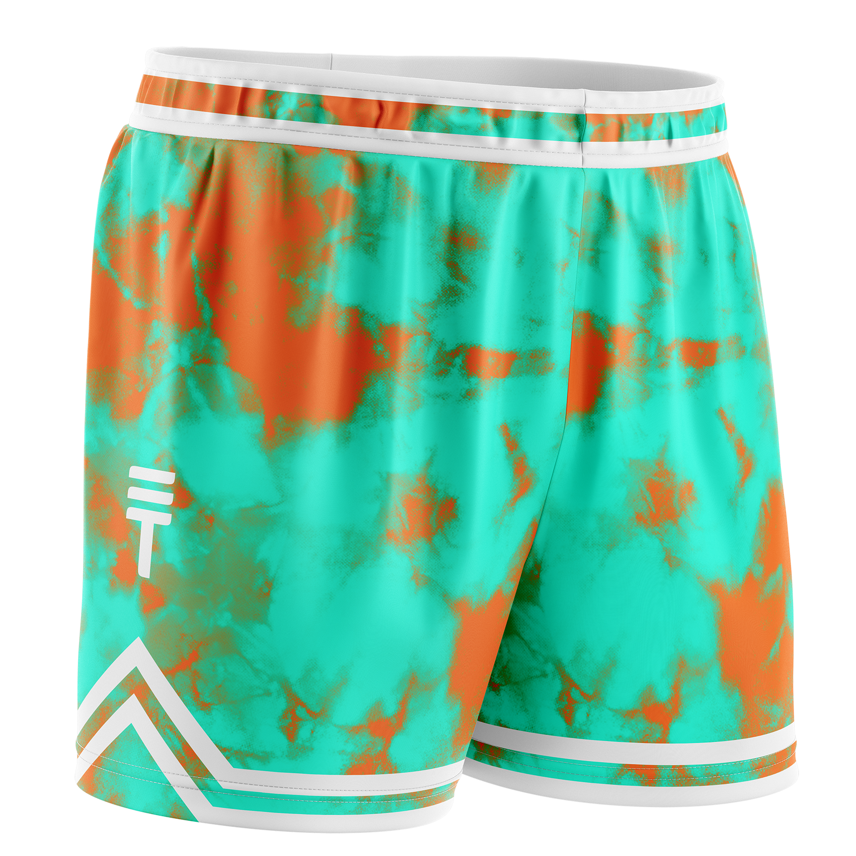 teal and orange tie-dye basketball shorts with an elastic waistband and white trim, featuring the Triple Threat logo