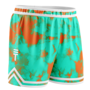 teal and orange tie-dye basketball shorts with an elastic waistband and white trim, featuring the Triple Threat logo