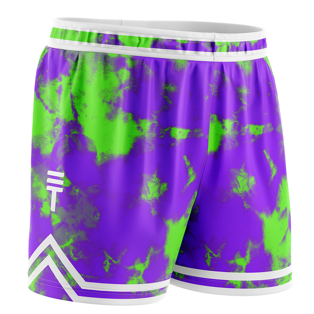 Adult purple and green tie dye basketball shorts with white accents, featuring the Triple Threat logo in a diamond pattern