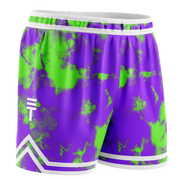 Adult purple and green tie dye basketball shorts with white accents, featuring the Triple Threat logo in a diamond pattern