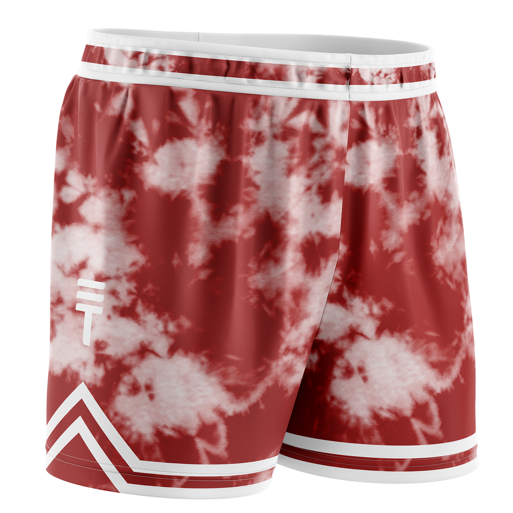 Maroon and white tie-dye basketball shorts featuring the Triple Threat logo and an elastic waistband