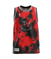 Black and red tie dye basketball singlet with "Triple Threat basketball" text in center featuring a Triple Threat logo with white stripes on the collar and armholes 
