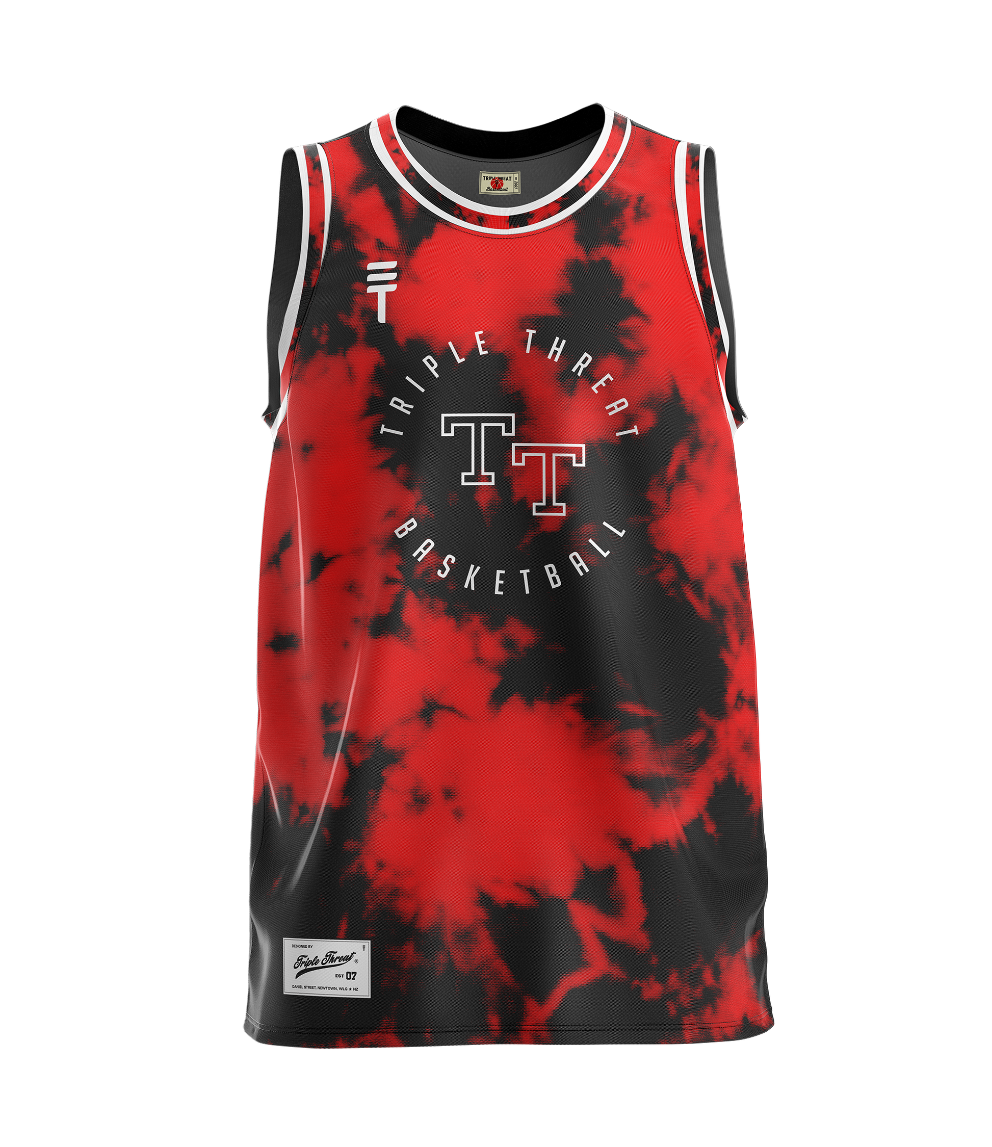 Black and red tie dye basketball singlet with "Triple Threat basketball" text in center featuring a Triple Threat logo with white stripes on the collar and armholes 