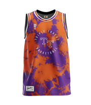 orange and purple tie dye basketball singlet with white "Triple Threat Basketball" text featuring the Triple Threat logo and white stripes around collar and armholes
