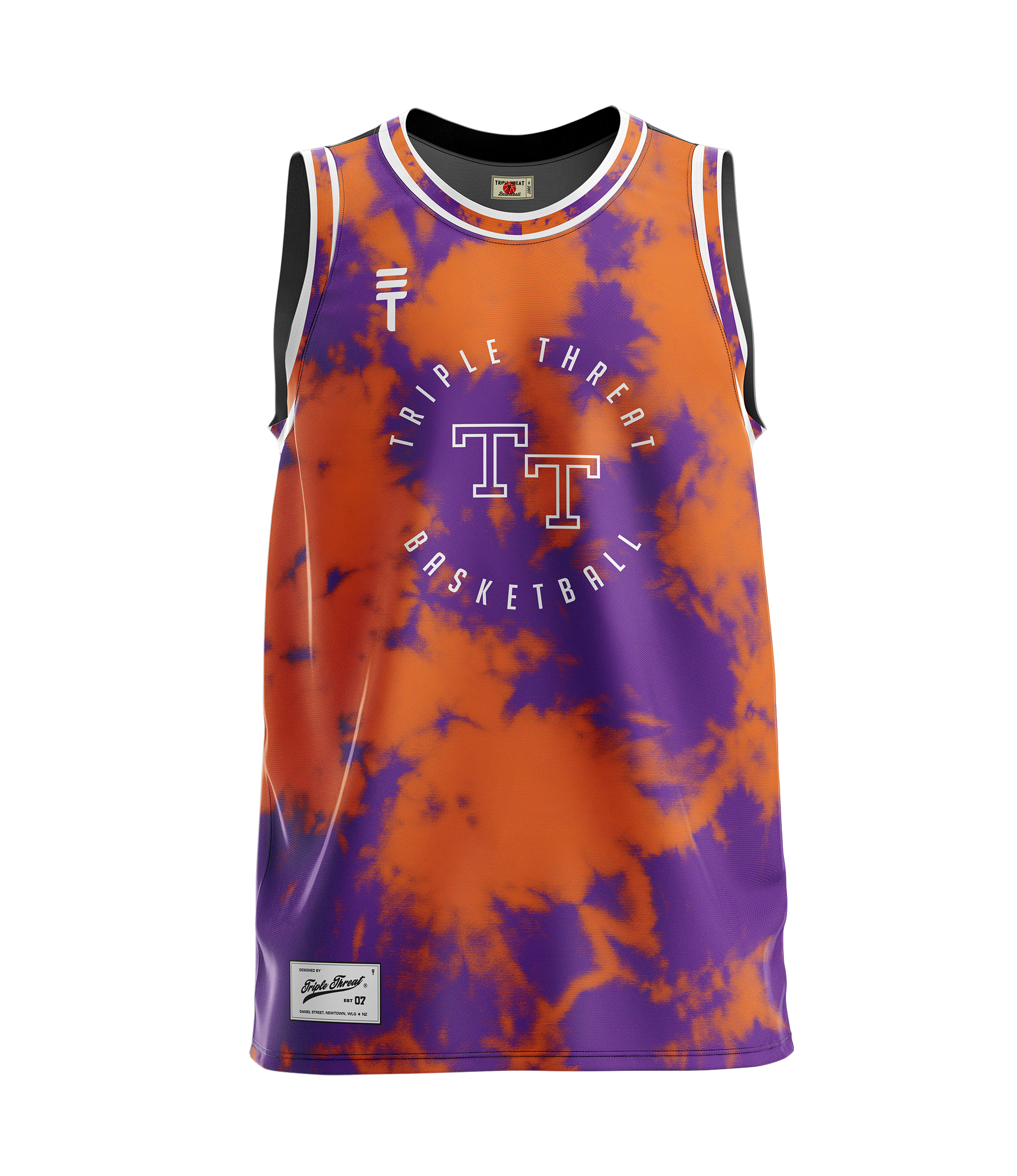 orange and purple tie dye basketball singlet with white "Triple Threat Basketball" text featuring the Triple Threat logo and white stripes around collar and armholes