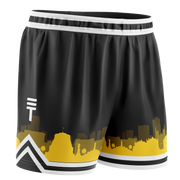Black basketball shorts with a yellow Wellington city skyline design, elastic waistband, white trim, and the Triple Threat logo
