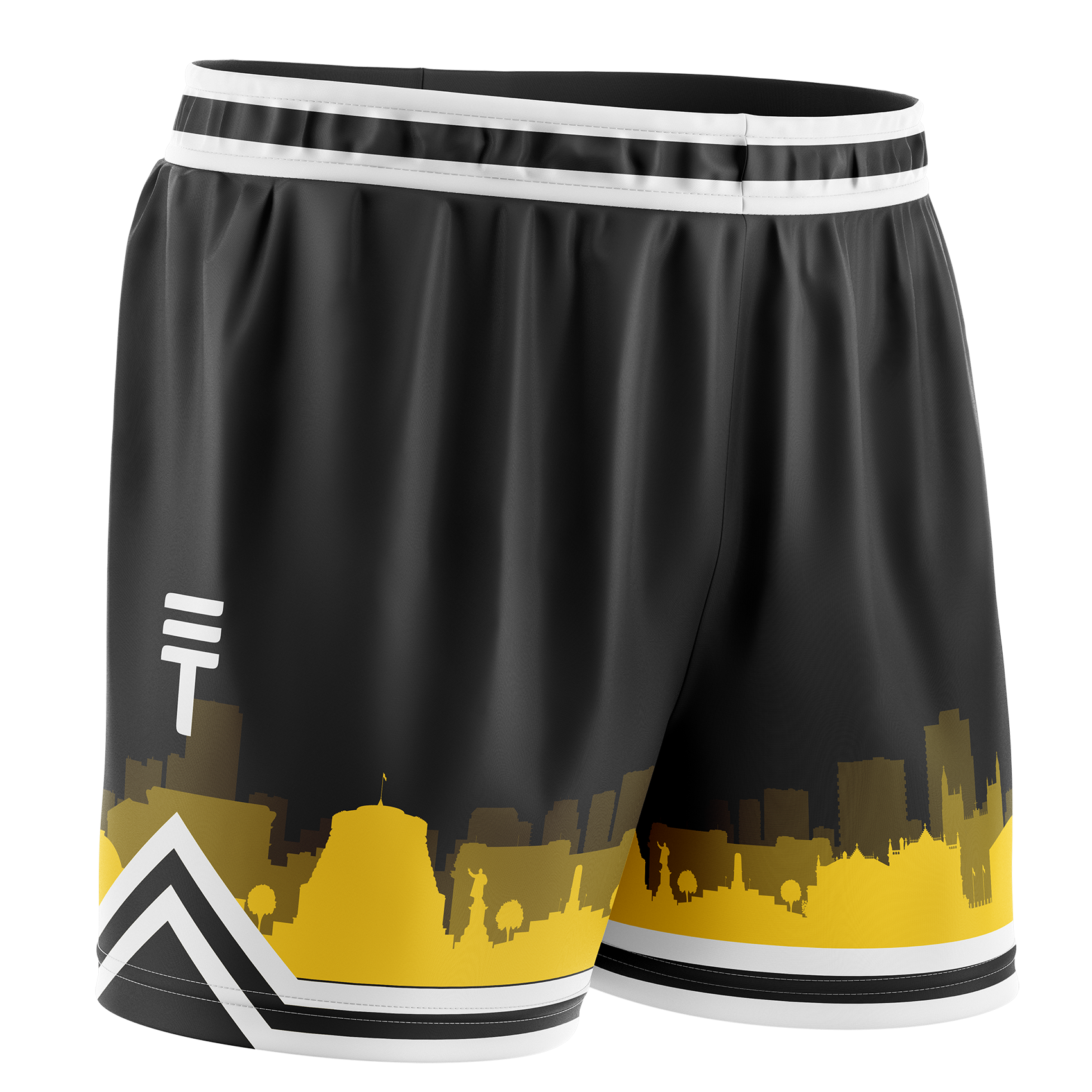 Black basketball shorts with a yellow Wellington city skyline design, elastic waistband, white trim, and the Triple Threat logo