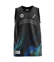 children's black basketball singlet with a paua design at the bottom  featuring "Aoteatora" as text, the New Zealand map and Triple Threat logo 