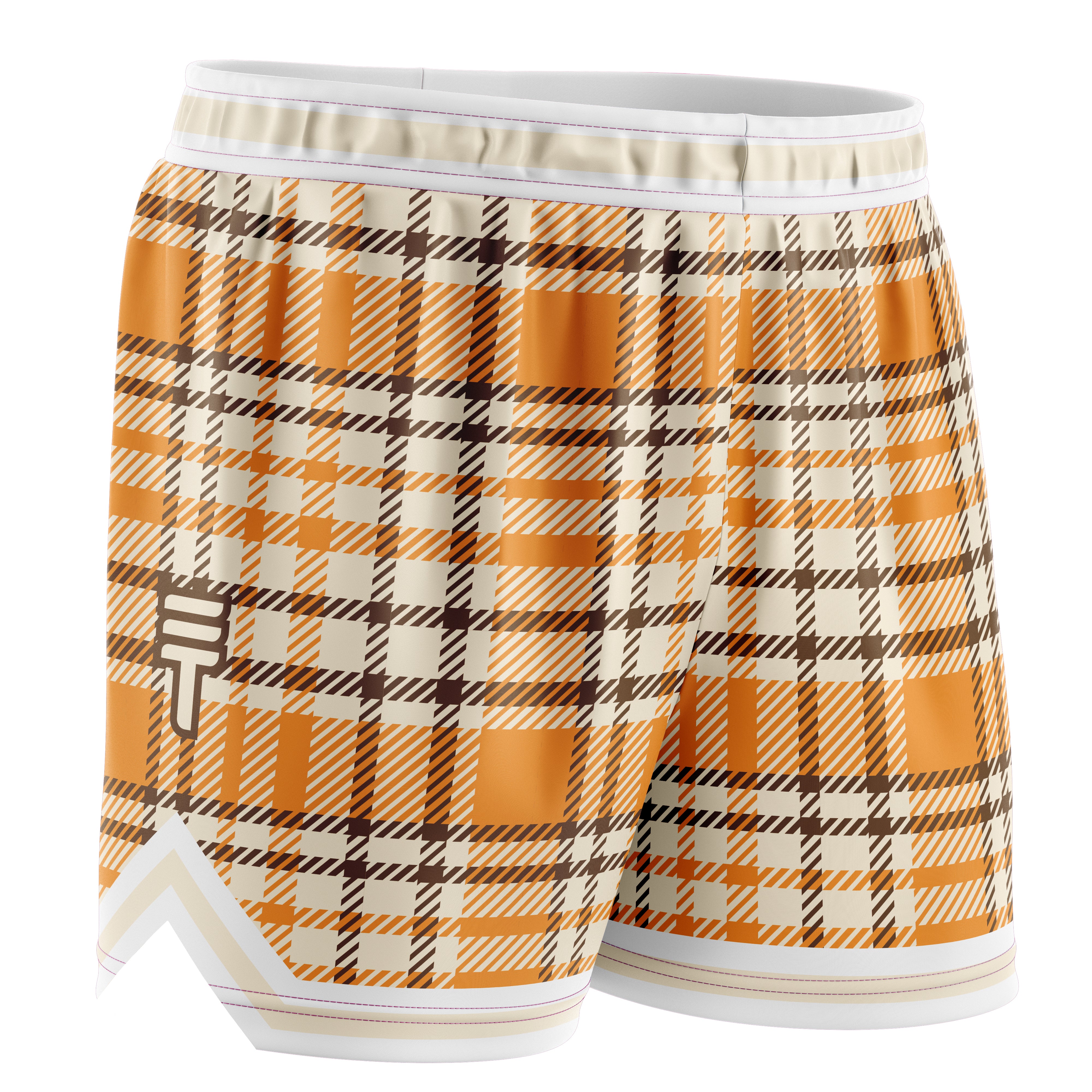 Orange, brown and cream kids basketball shorts with the Triple Threat logo on the side featuring with an elastic waistband and white trim
