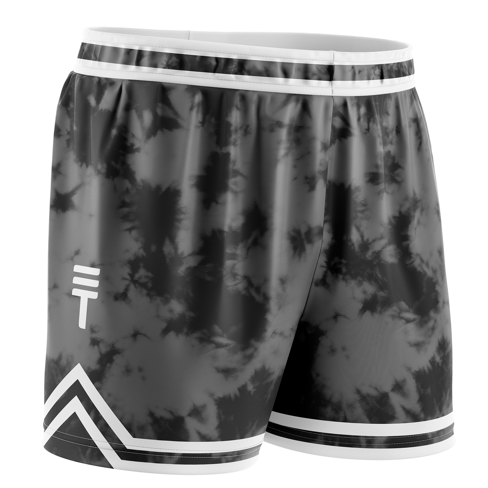 Black and grey tie-dye basketball shorts for kids with an elastic waistband and the Triple Threat logo in a diamond pattern