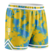 Kids yellow and blue tie-dye shorts with an elastic waistband featuring a white trim and the Triple Threat logo