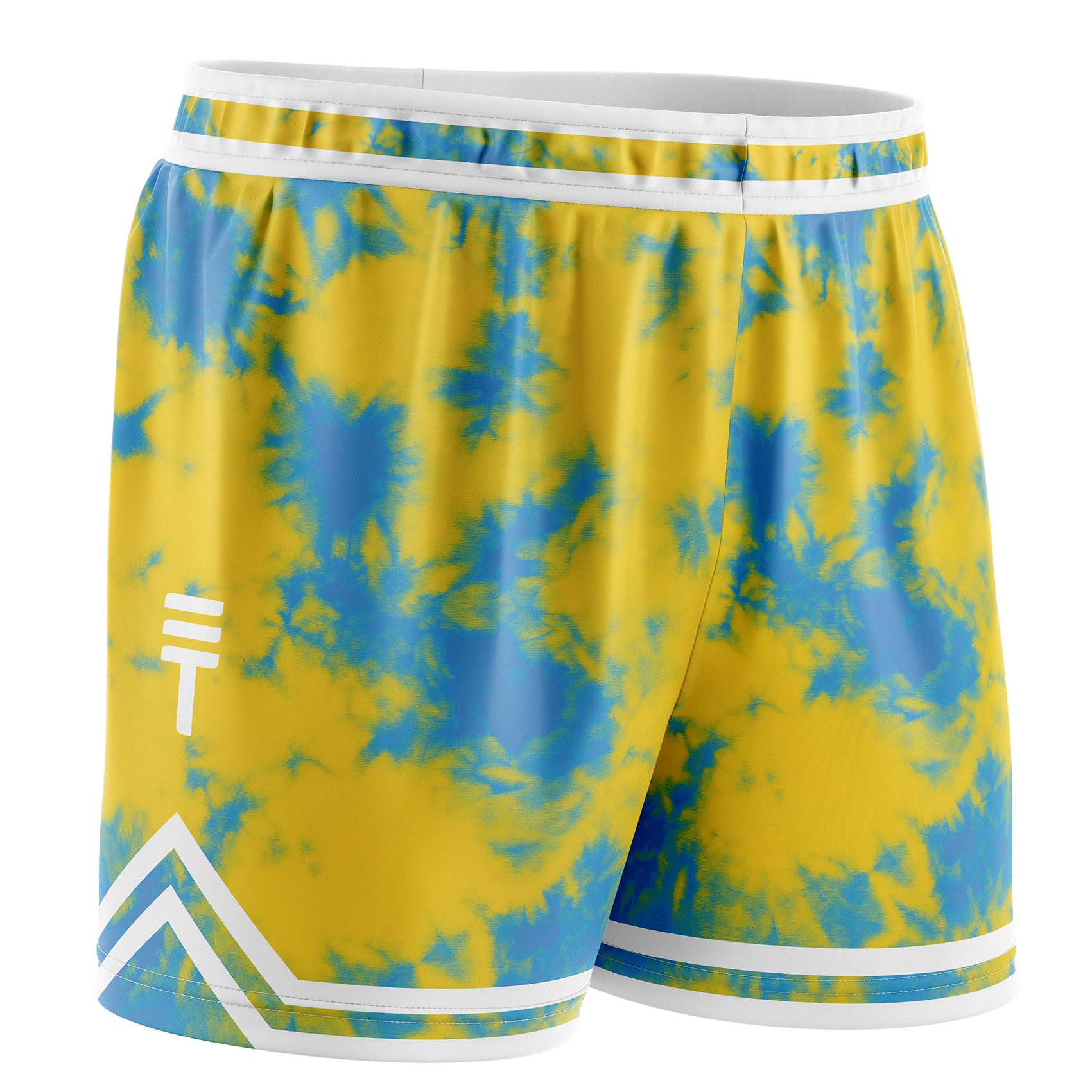 Kids yellow and blue tie-dye shorts with an elastic waistband featuring a white trim and the Triple Threat logo