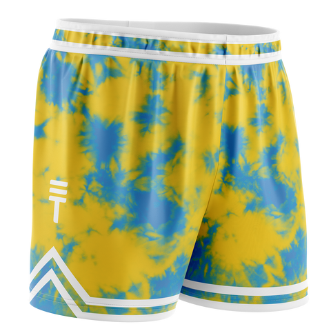 Kids yellow and blue tie-dye shorts with an elastic waistband featuring a white trim and the Triple Threat logo