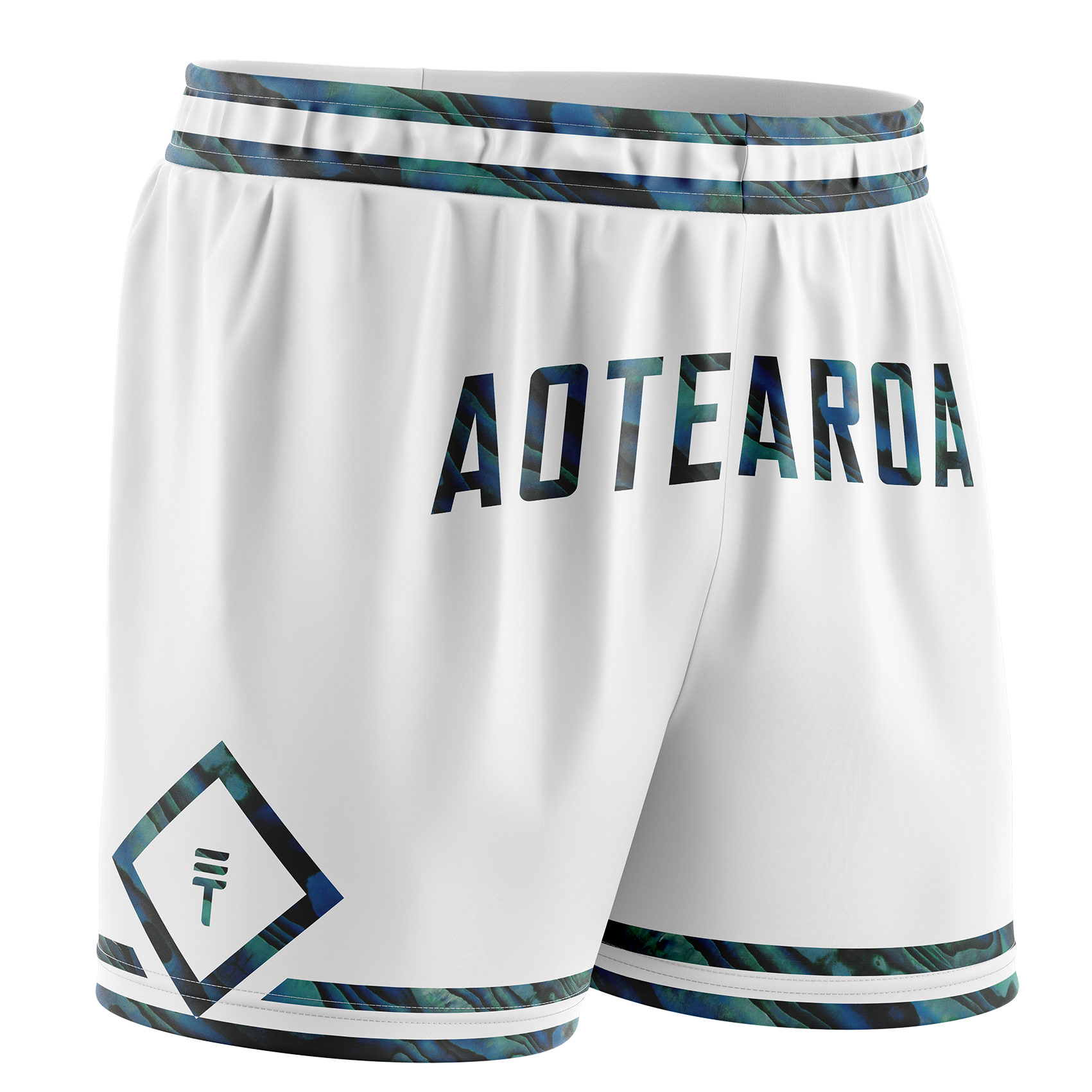 Kids white Paua shorts with an elastic waistband, featuring a vibrant shell pattern, 'Triple Threat' text, and a logo on the leg