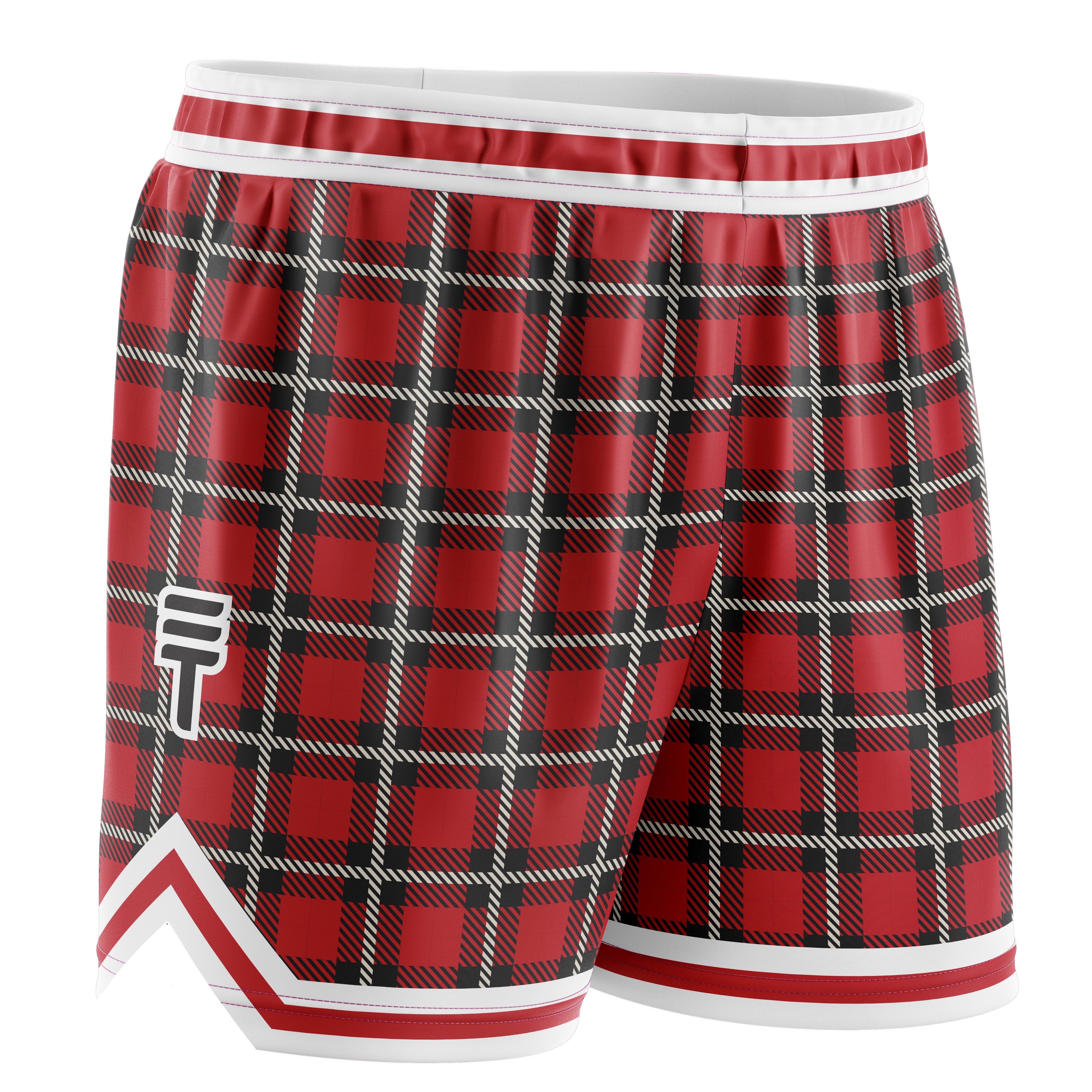 Kids basketball shorts in red, white and black plaid with a white trim on the elastic waist and hem featuring the Triple Threat logo