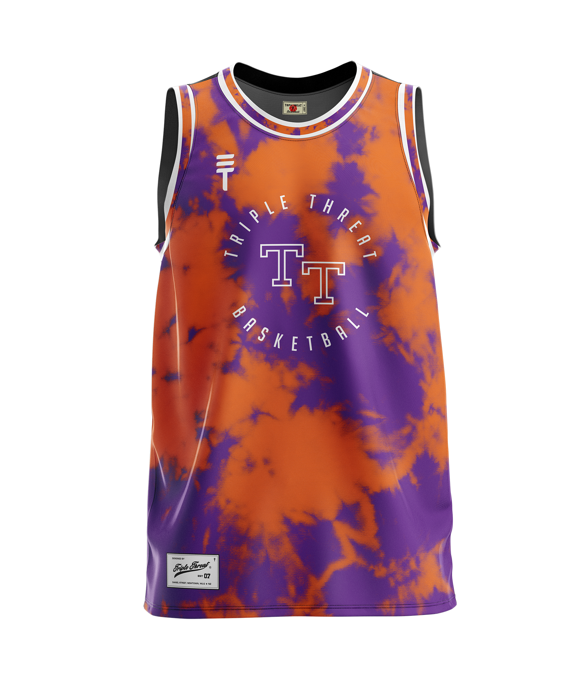 Kids basketball singlet in purple and orange with tie dye design featuring a Triple Threat logo, "Triple Threat" branding