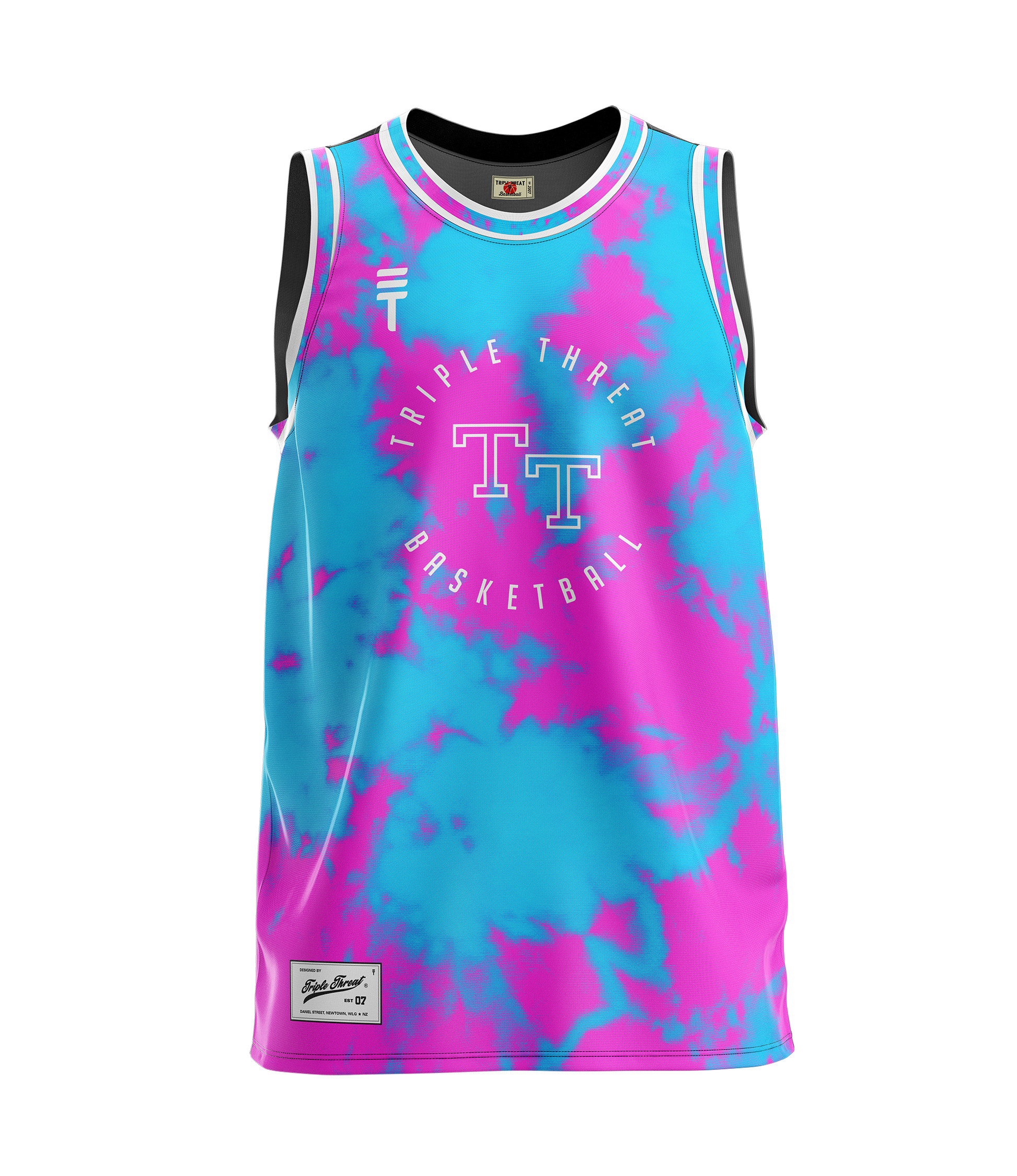 Kids tie-dye basketball singlet in blue and pink, featuring the Triple Threat logo on the top left and a stylish, breathable design perfect for both sports and casual wear 