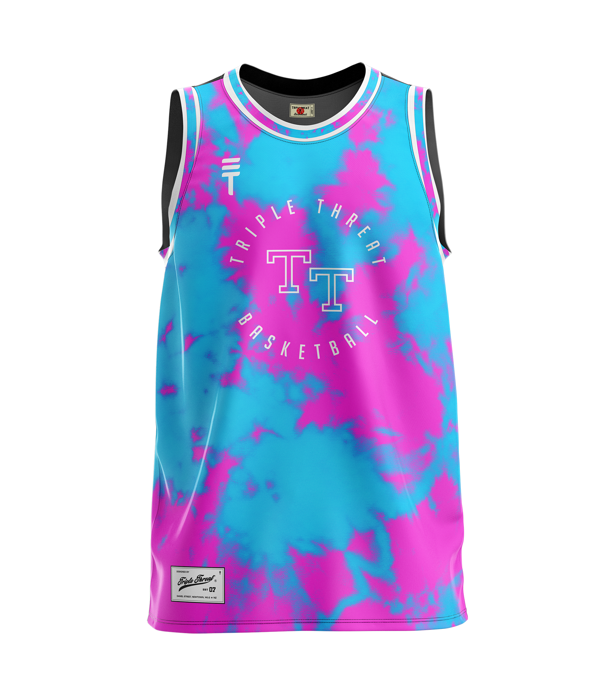 Kids tie-dye basketball singlet in blue and pink, featuring the Triple Threat logo on the top left and a stylish, breathable design perfect for both sports and casual wear 