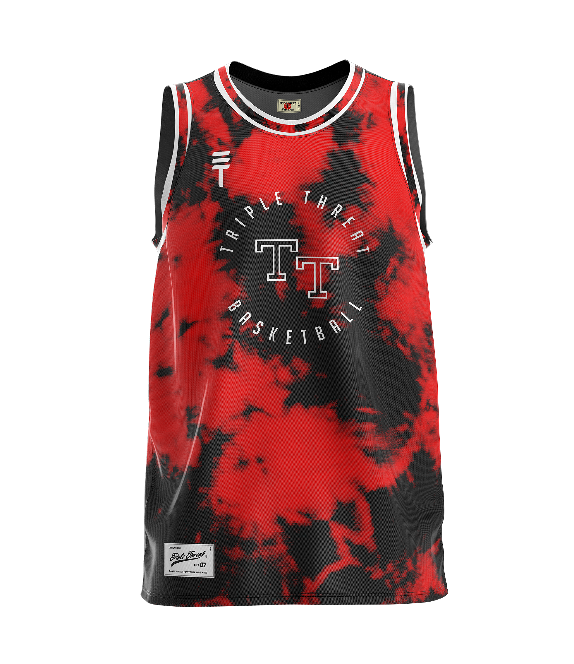 Red and Black tie dye basketball singlet with Triple Threat logo and Triple Threat Basketball branding