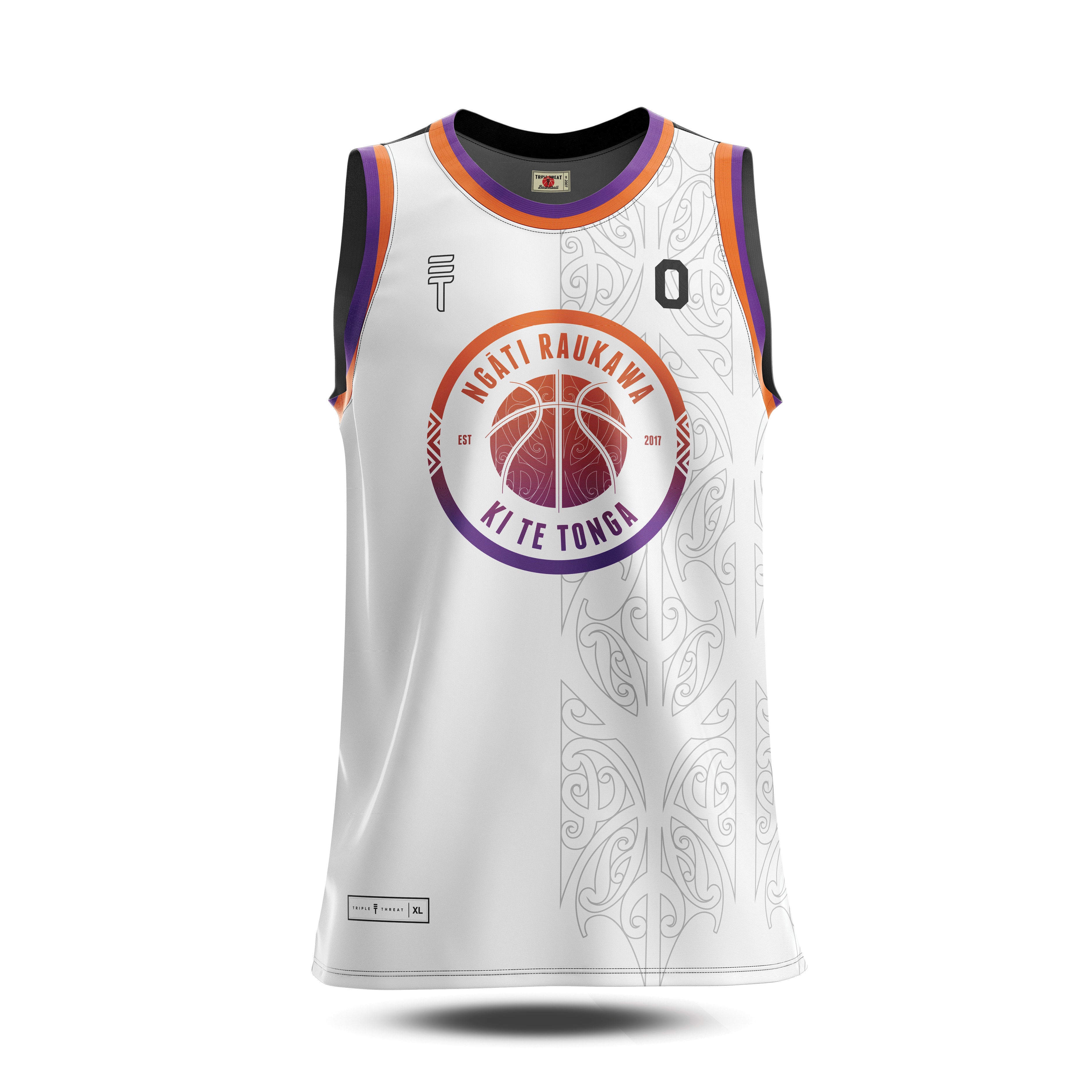 Front view of women's reversable Raukawa singlet in white featuring Māori patterns and the Raukawa emblem in orange and purple 