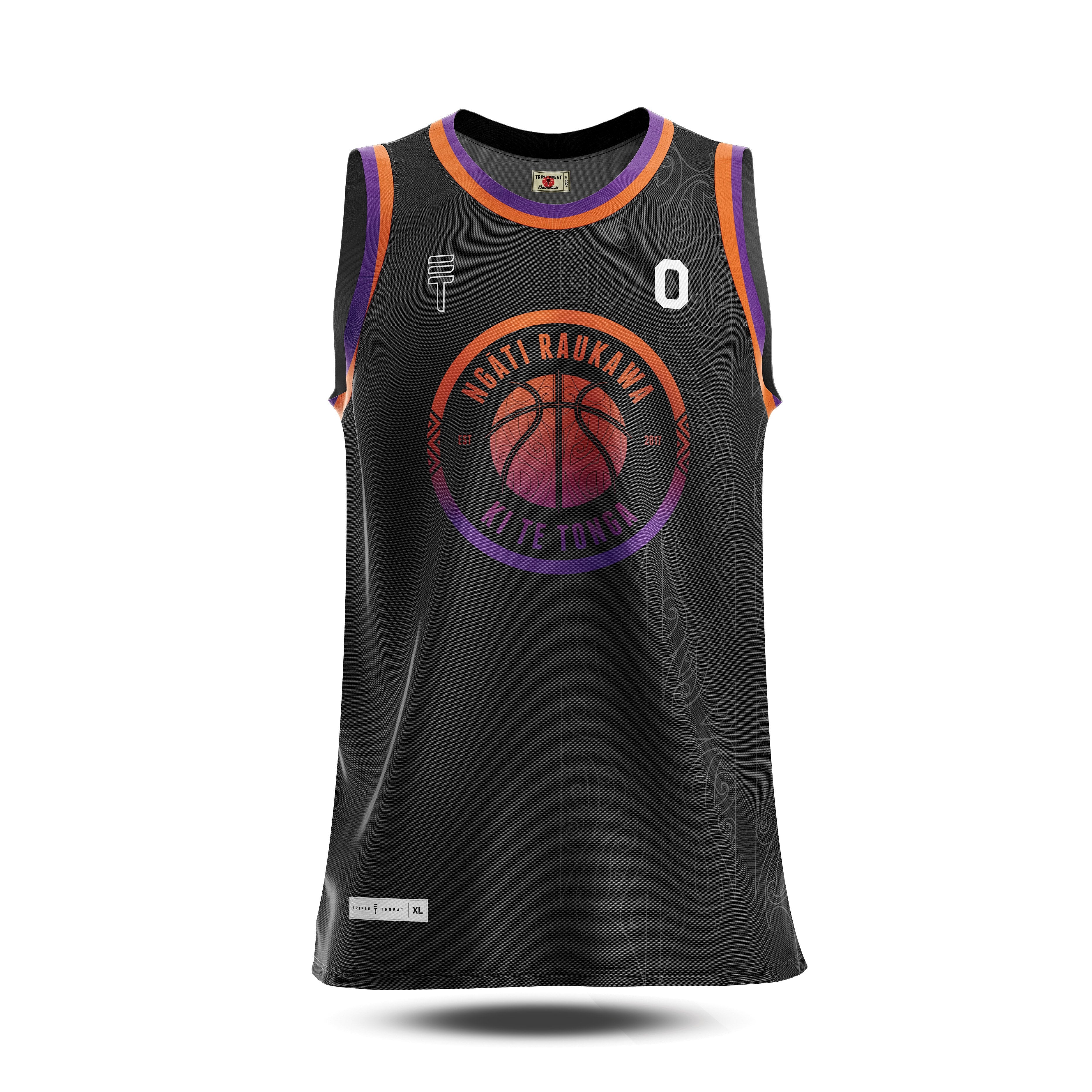 black reversable side of the women's basketball singlet featuring the Triple Threat logo and Raukawa logo